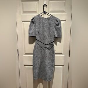 KARL LAGERFELD PARIS Puff Sleeve Knit Tweed Belted Midi Sheath Dress